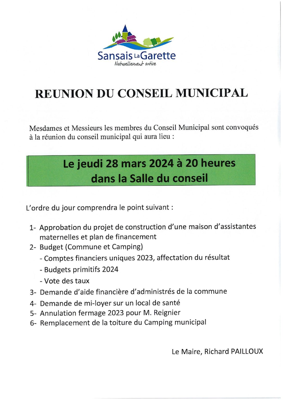 Conseil municipal du 28 mars 2024